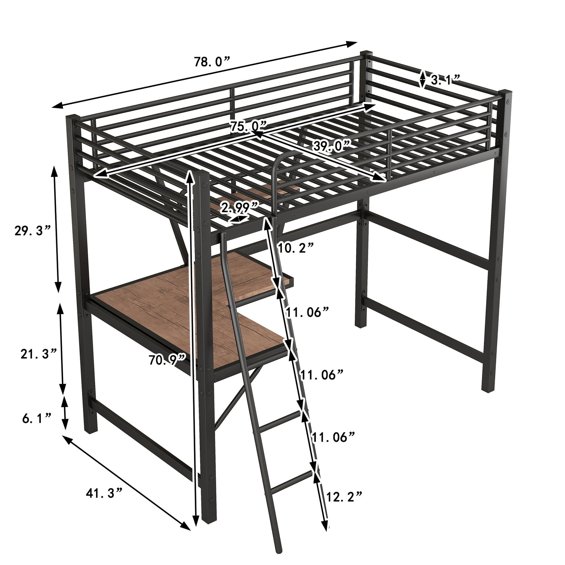 Black metal loft bed with integrated desk and ladder measuring  inches long