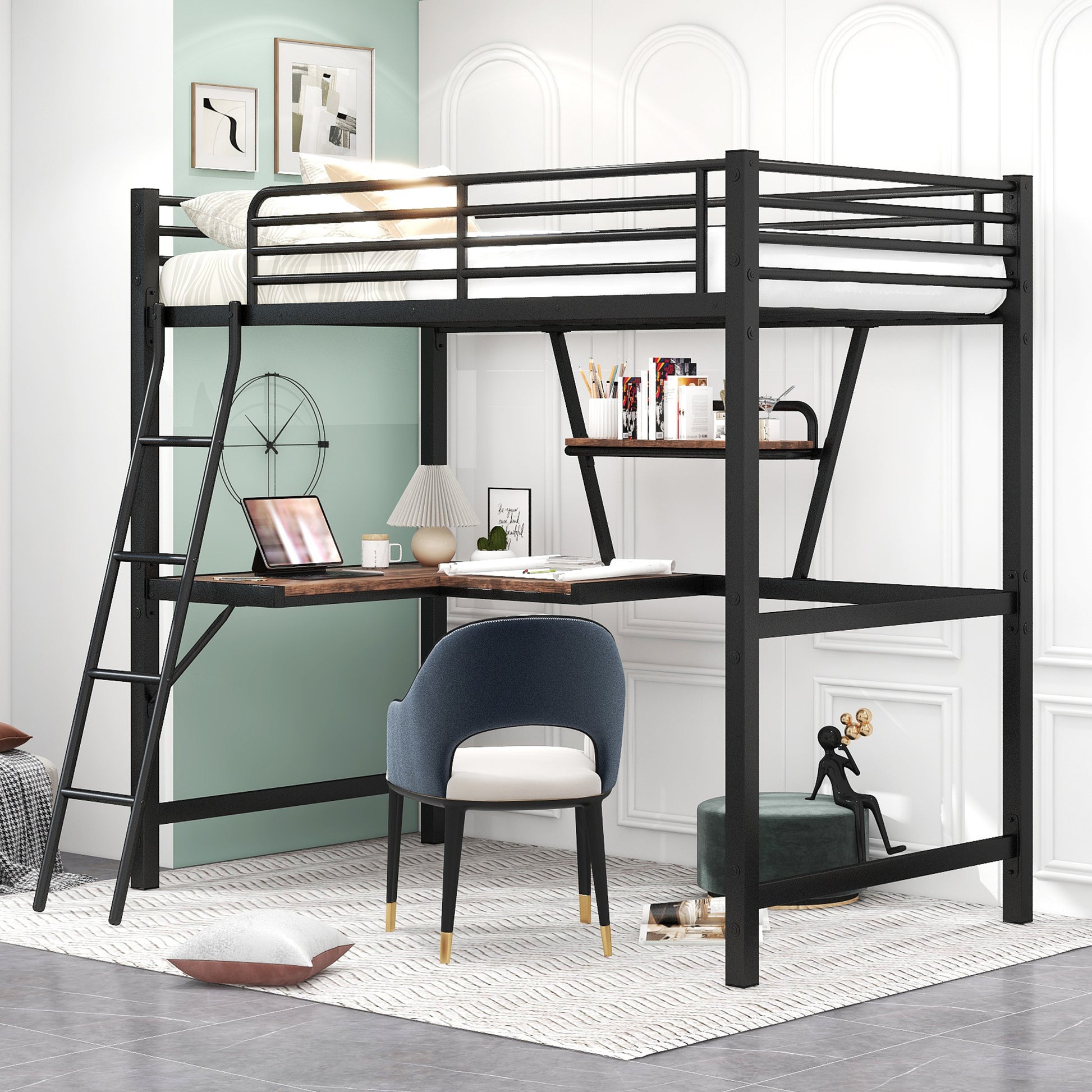 Black metal loft bed with builtin desk and shelving