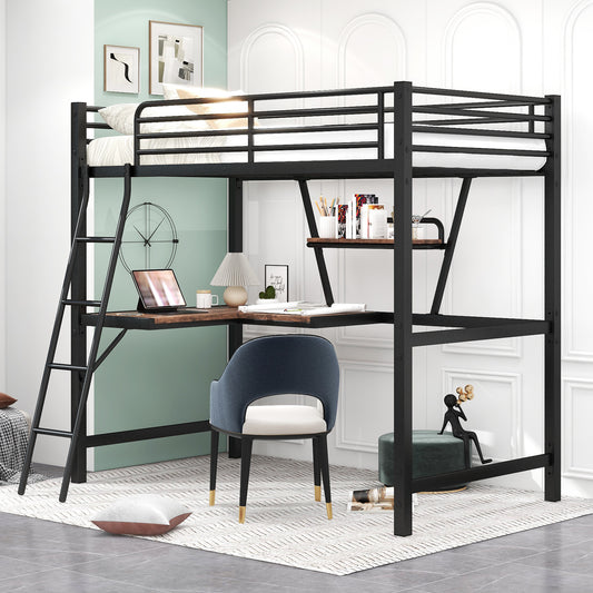 Black metal loft bed with builtin desk and shelving