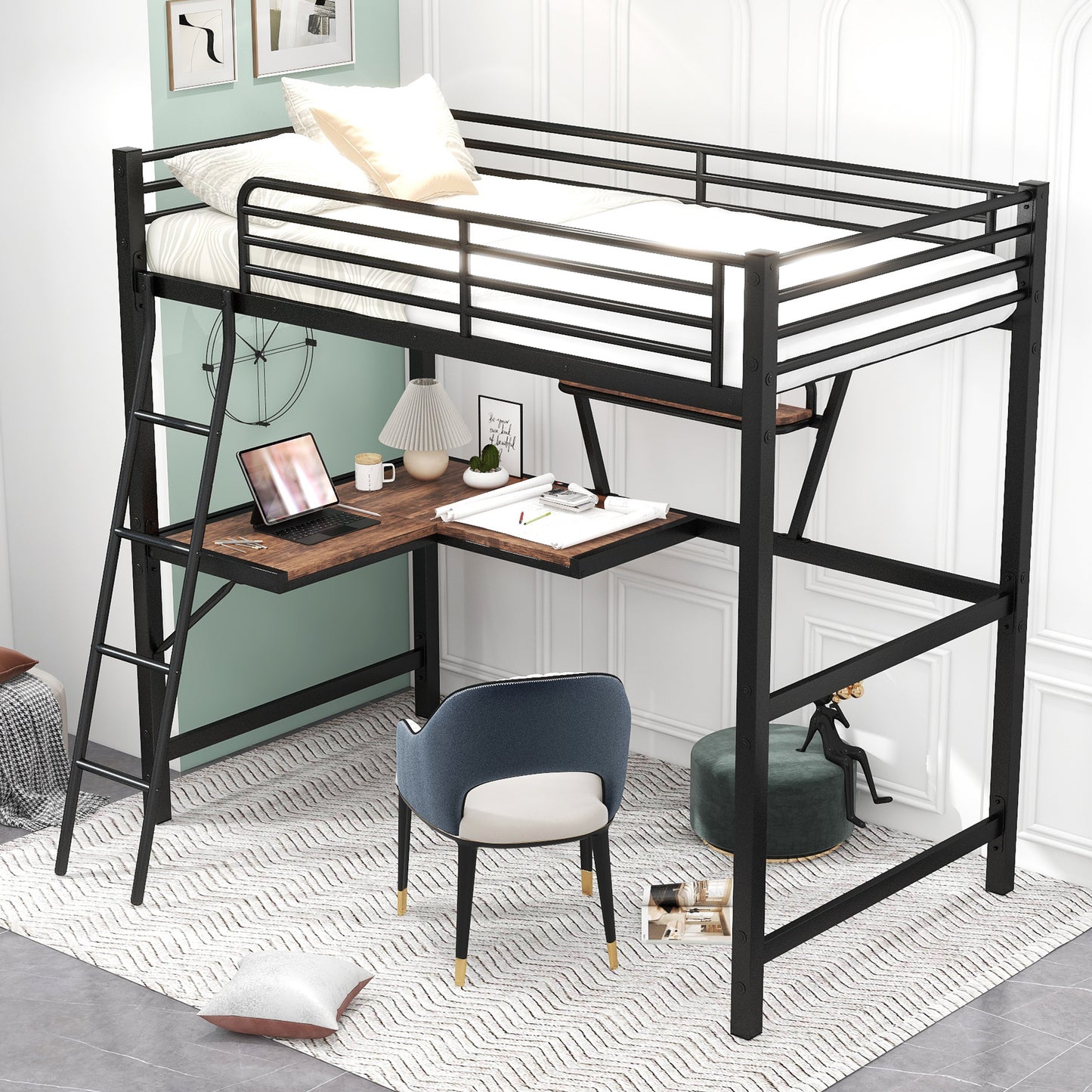 Black metal loft bed with integrated Lshaped desk and ladder