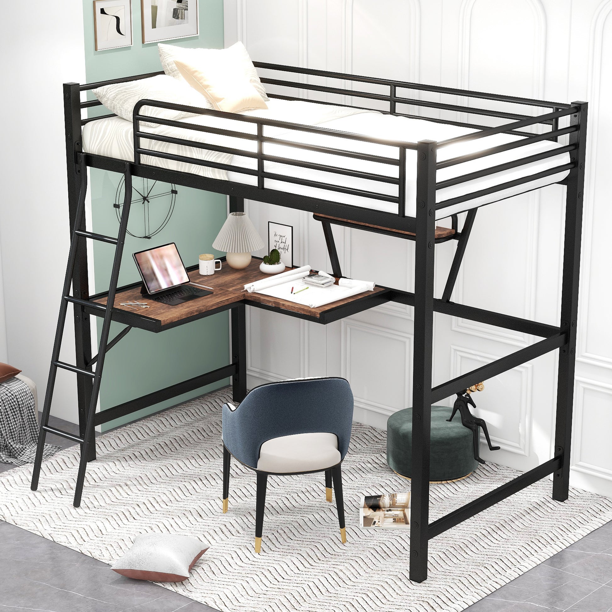 Black metal loft bed with integrated Lshaped desk and ladder