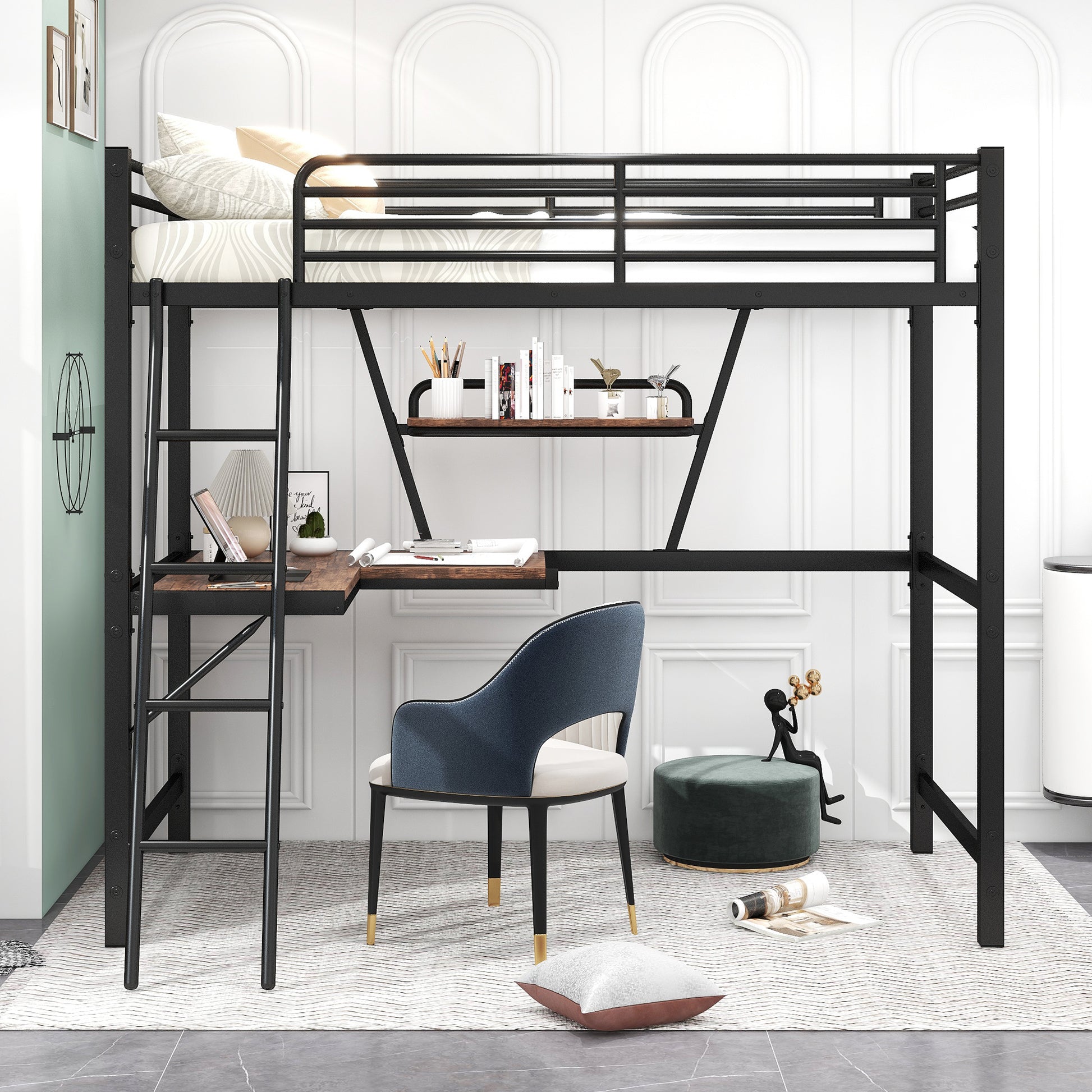 Black metal loft bed with integrated desk and shelves