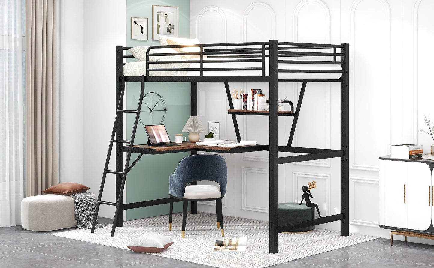 Black metal loft bed with integrated desk and ladder