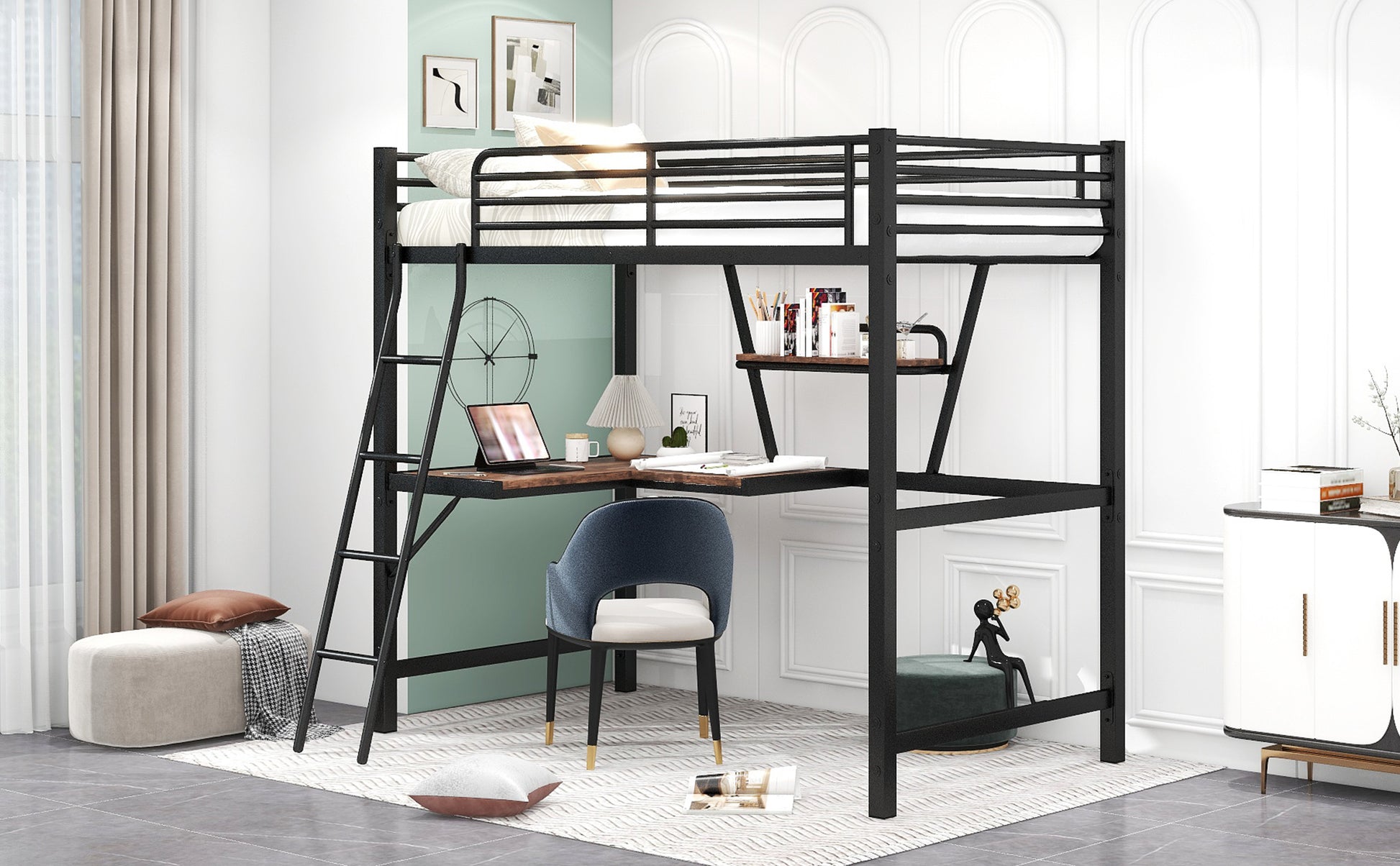 Black metal loft bed with integrated desk and ladder