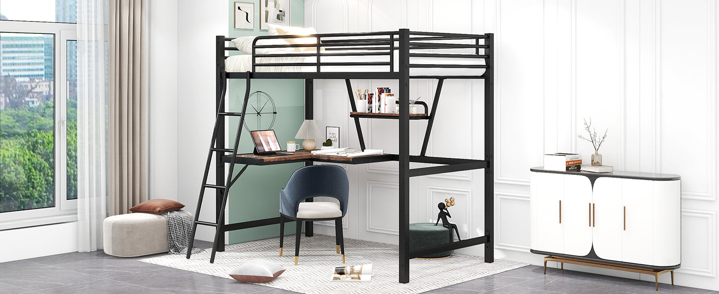 Black metal loft bed with desk and ladder