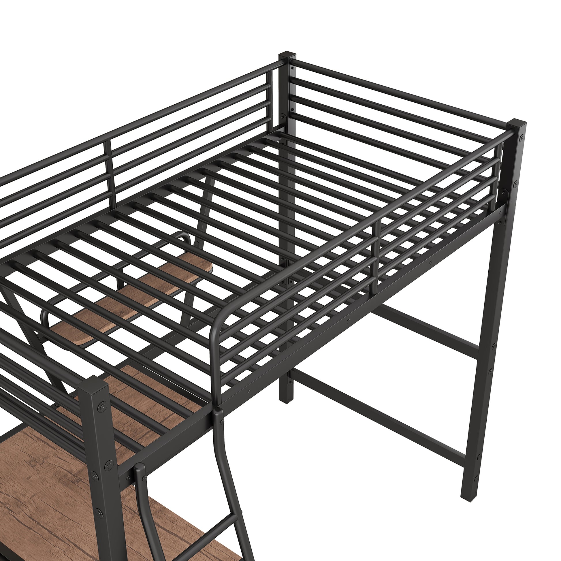 Black metal loft bed with wooden slats and integrated ladder for spacesaving design