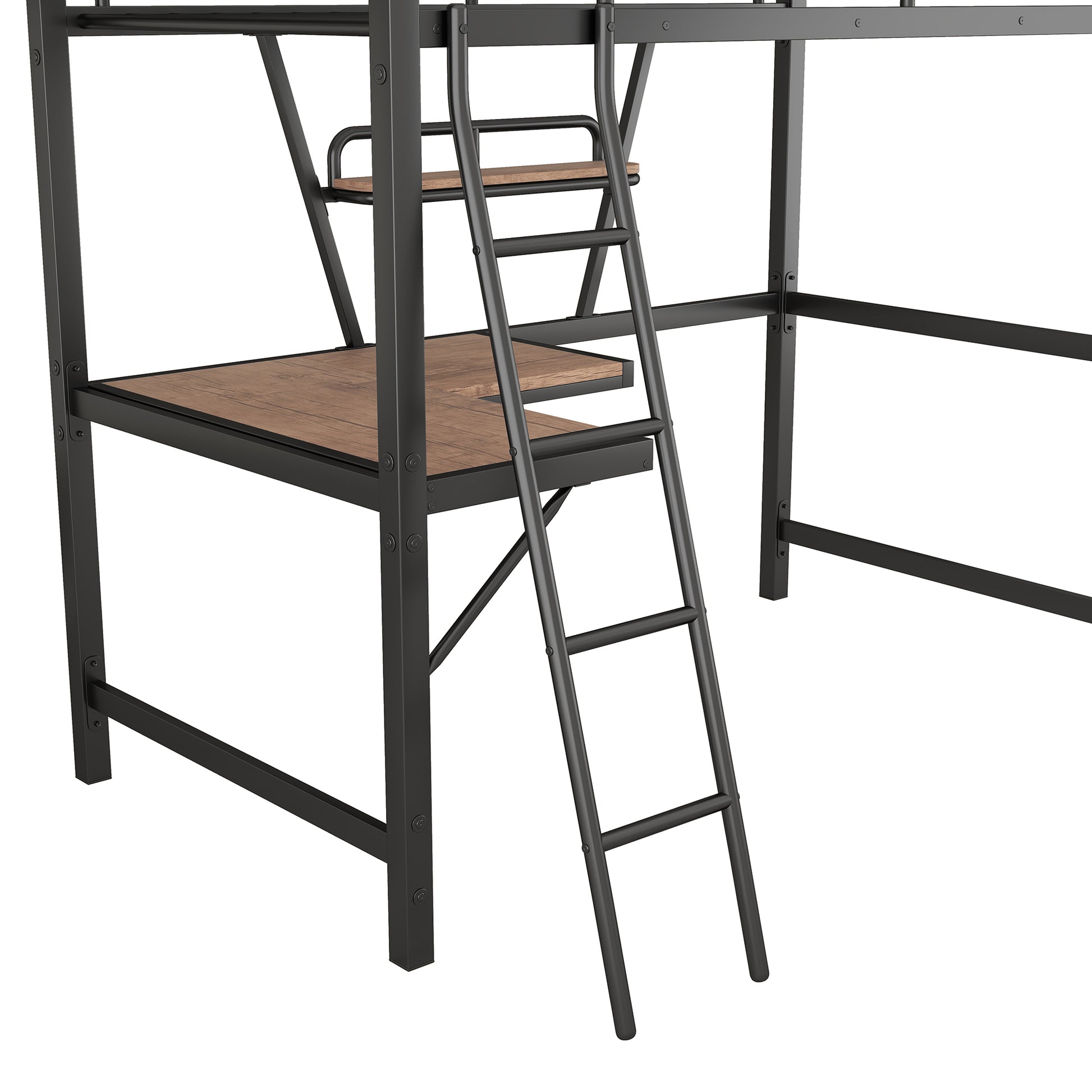 Black metal loft bed frame with wooden desktop and ladder