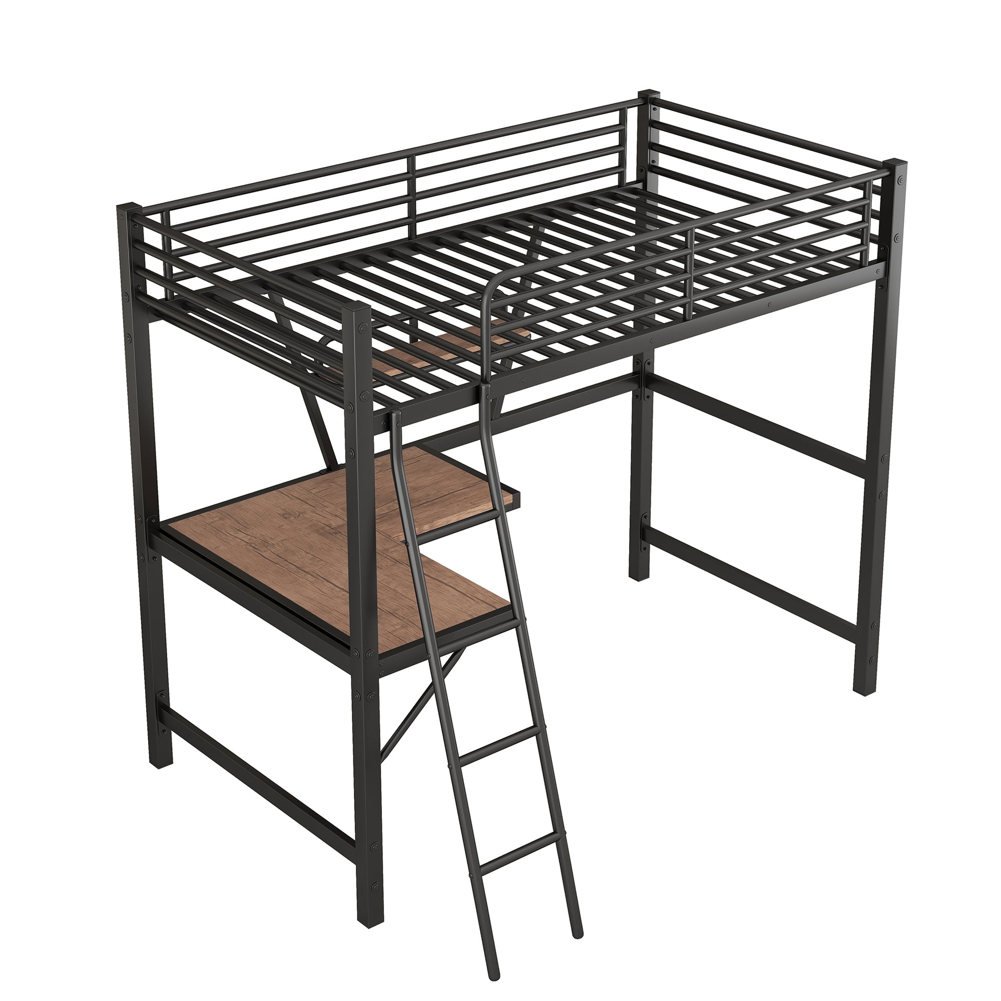 Black metal loft bed with integrated wooden desk and ladder