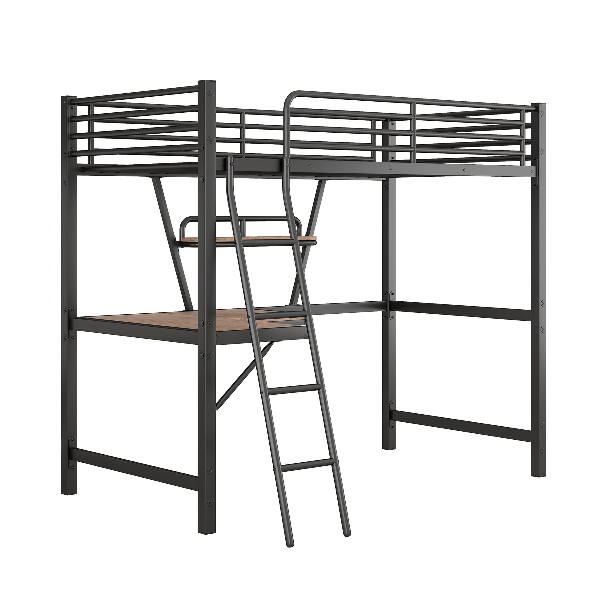 Black metal loft bed with integrated desk and ladder