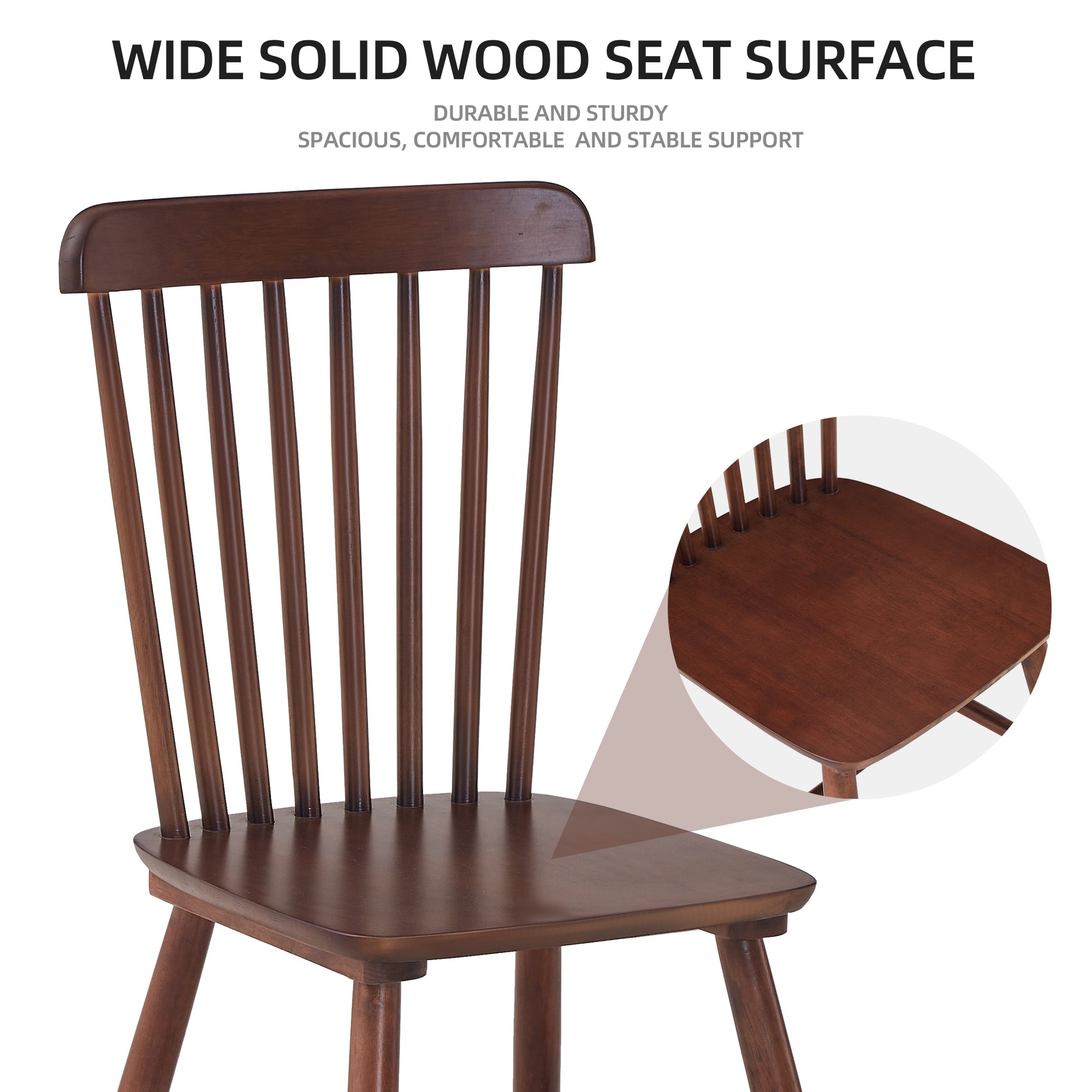 Dark brown wooden Windsor chair with a wide seat and spindle back
