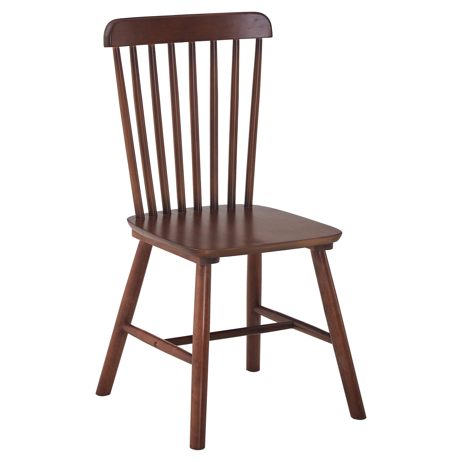 Dark brown wooden dining chair with spindle back and curved seat