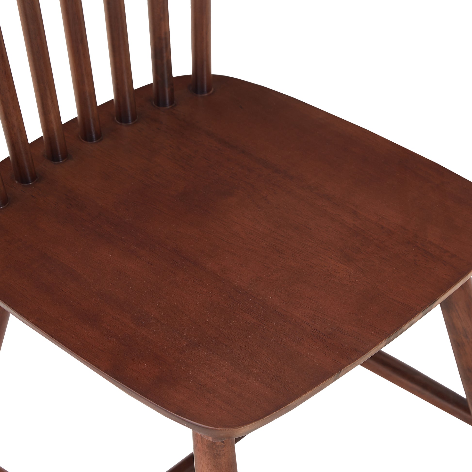 Dark brown wooden dining chair seat with spindle back detail