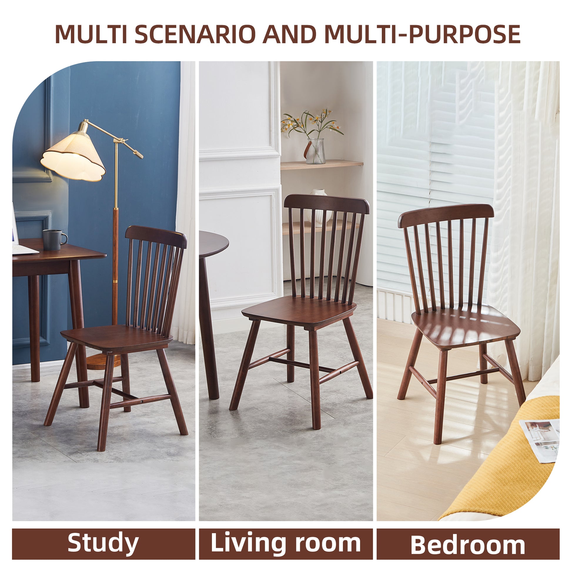 Dark wood dining chair with spindle back in a study
