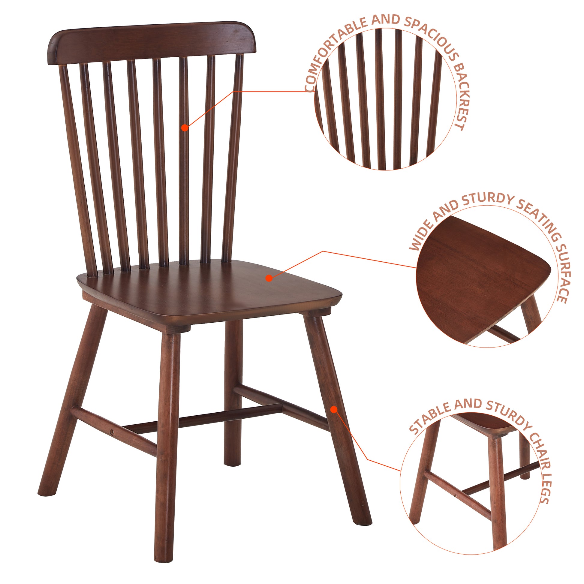 Dark brown wooden dining chair with spindle back