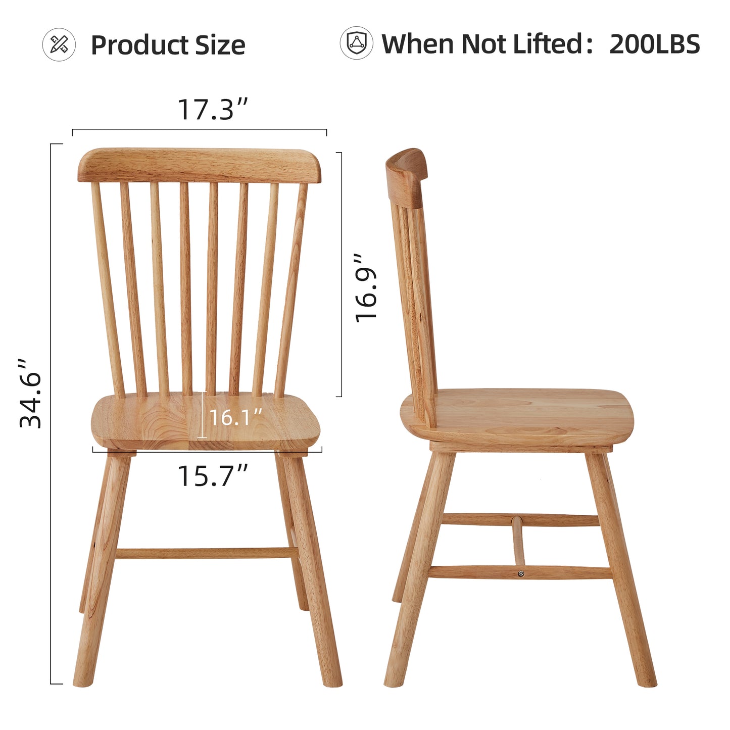 Natural wood dining chair with spindle back and measurements of W x H inches