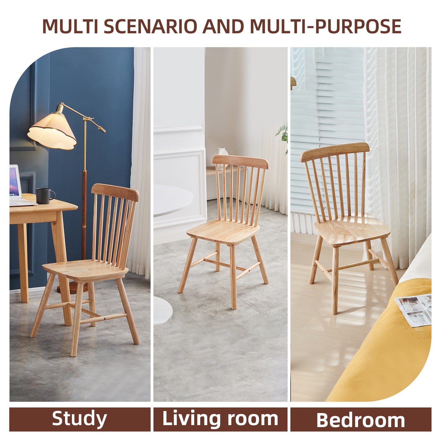 Natural wood dining chair with spindle back in a study setting