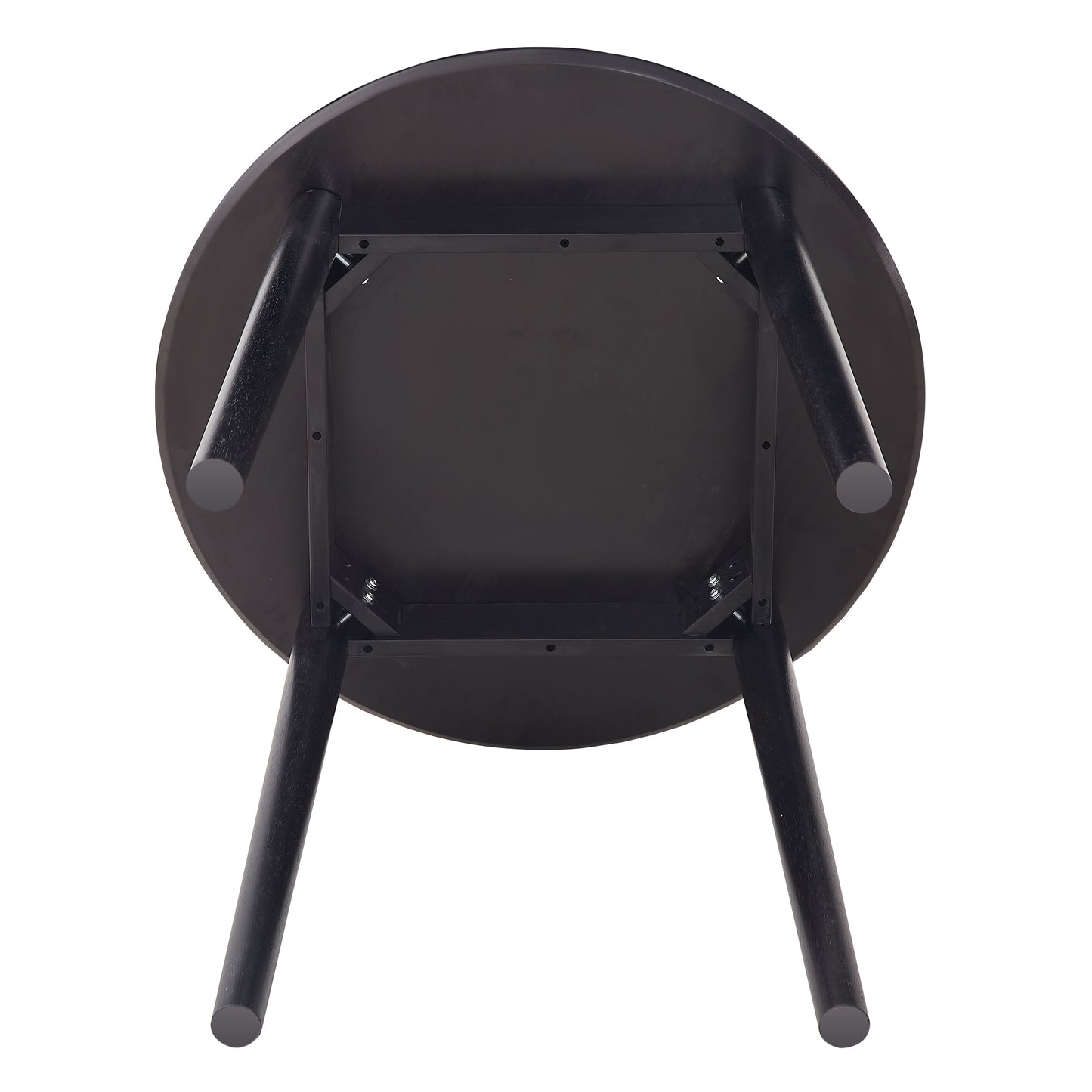 Underside view of a black round dining table with four tapered wooden legs and metal support frame