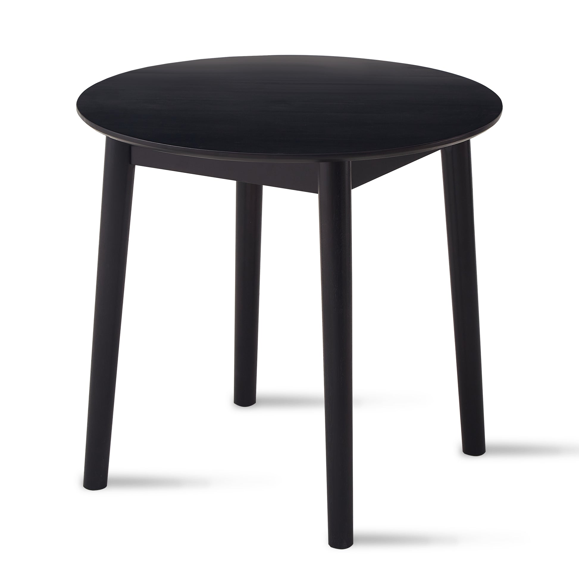 Black wooden round side table with tapered legs