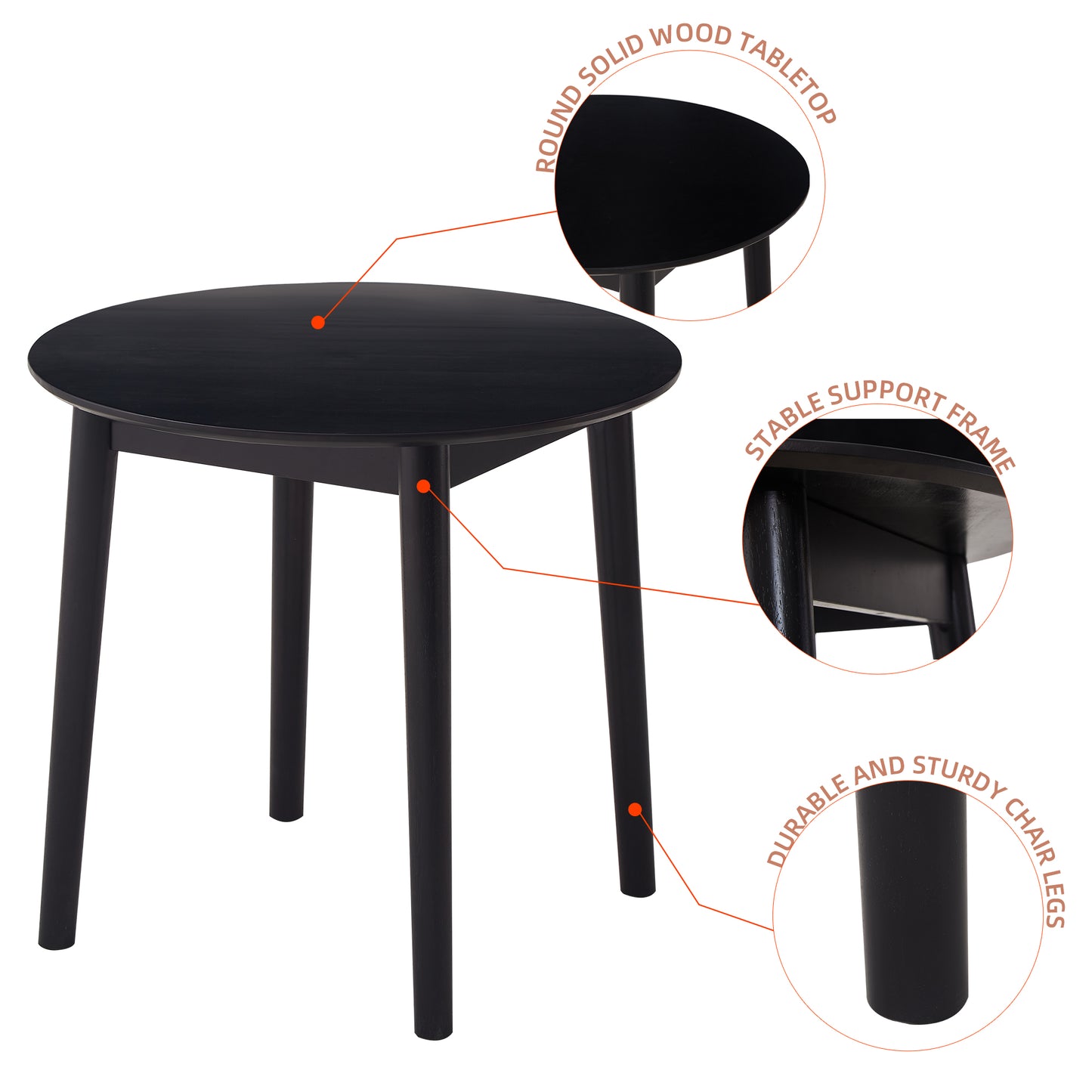 Black round dining table with solid wood tabletop
