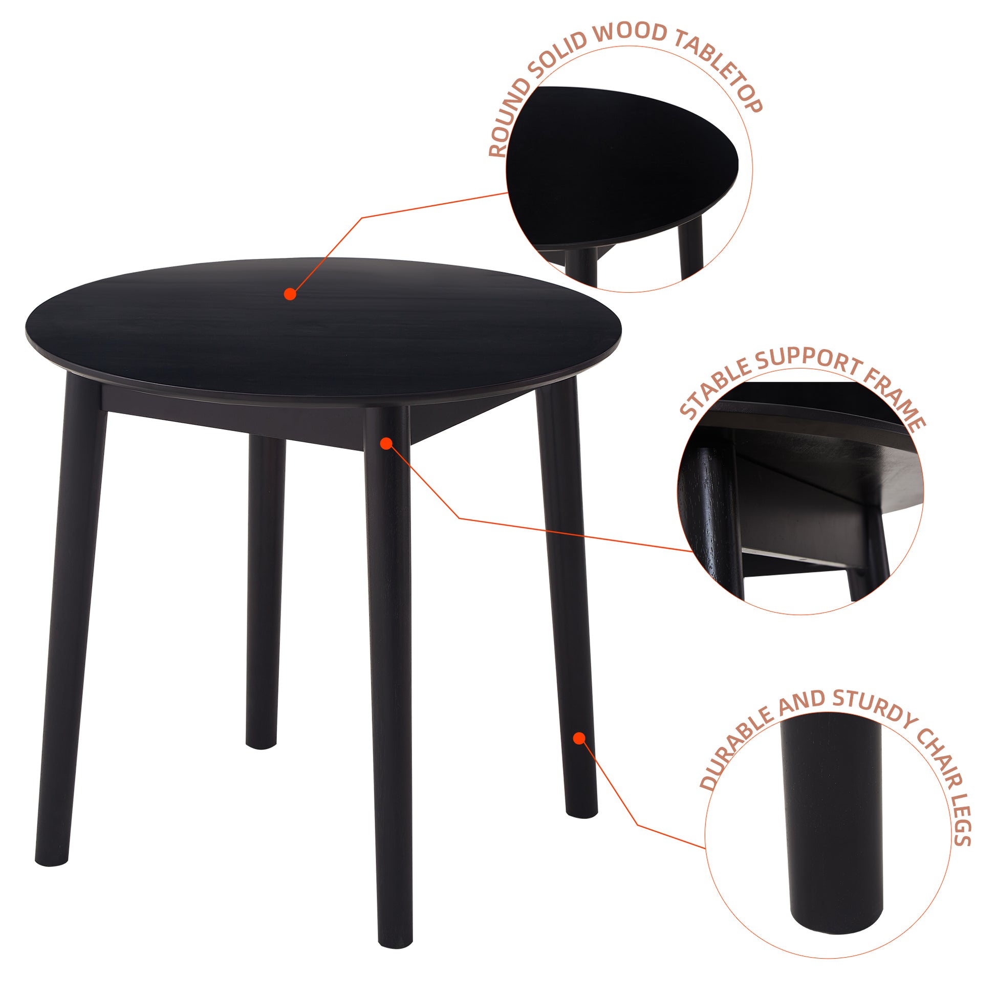 Black round dining table with solid wood tabletop