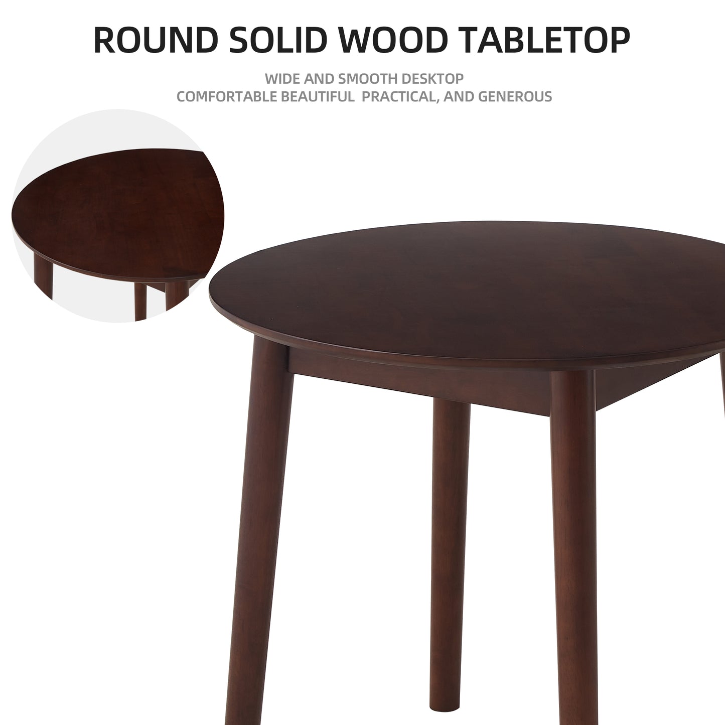Dark brown round solid wood tabletop with tapered legs