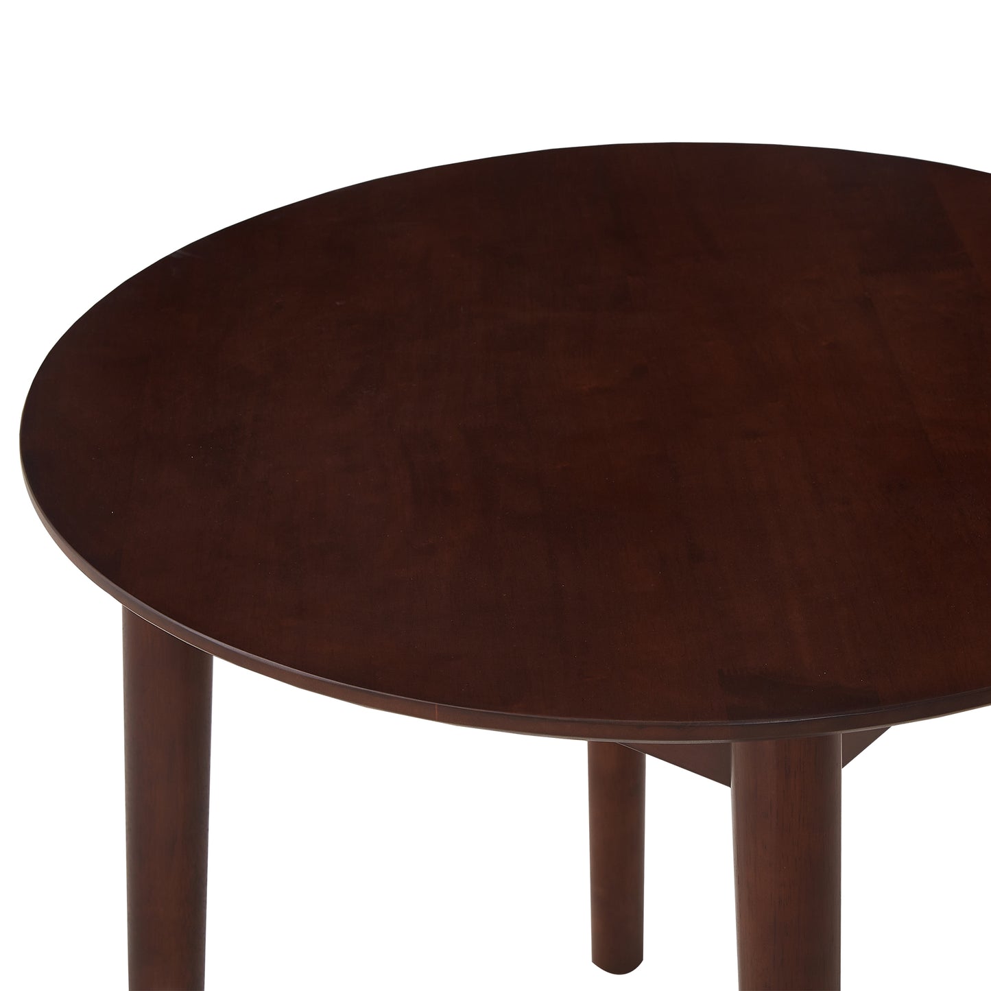 Dark brown round wooden dining table with tapered legs