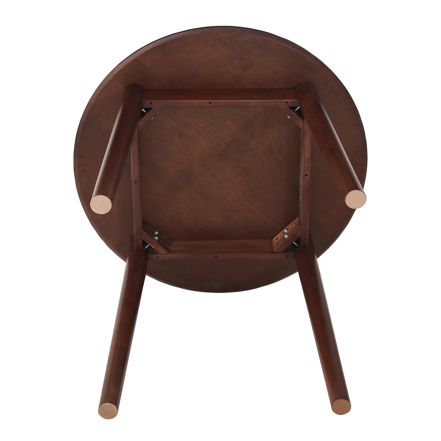 Underside view of a dark wood round coffee table with tapered legs