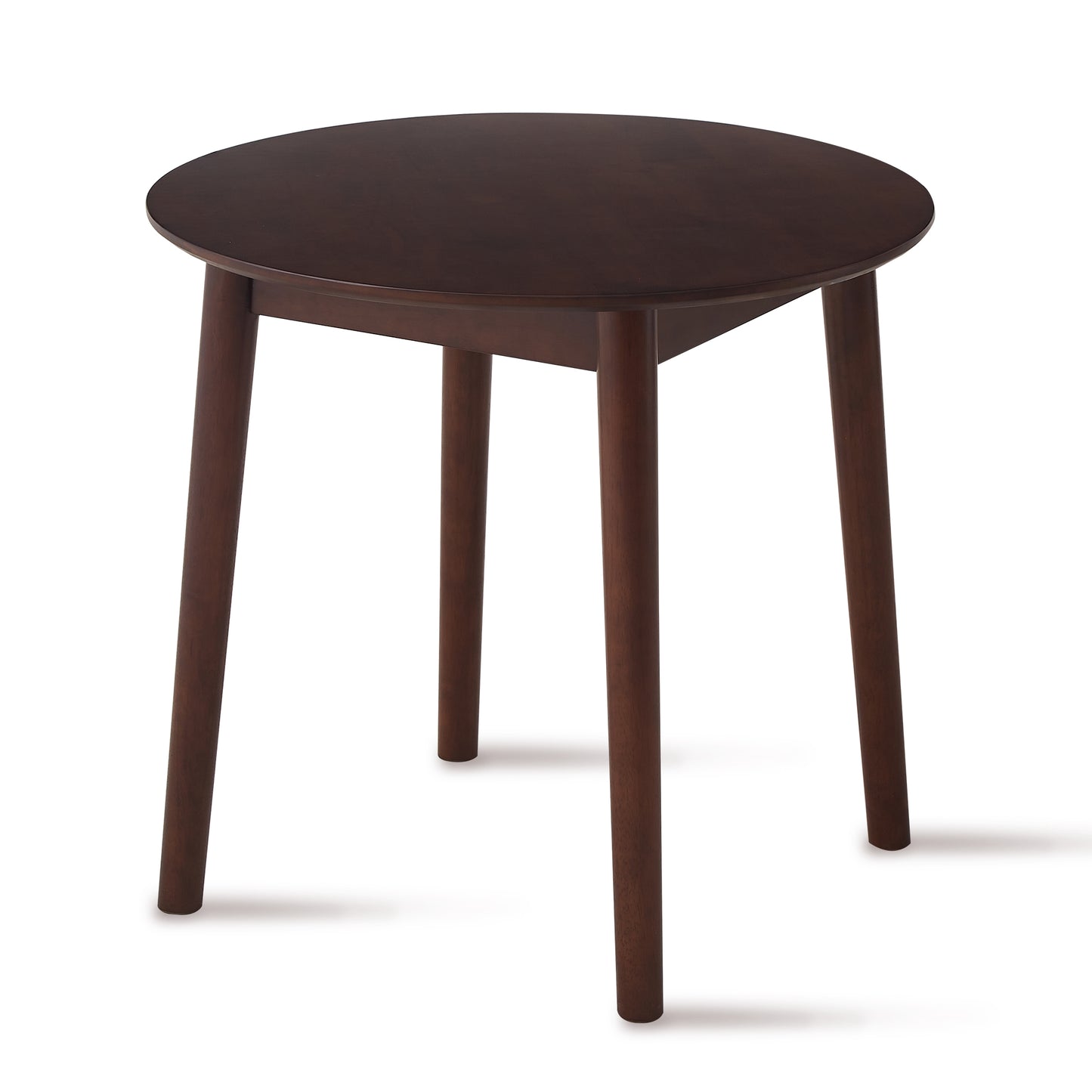 Dark brown round wooden coffee table with tapered legs
