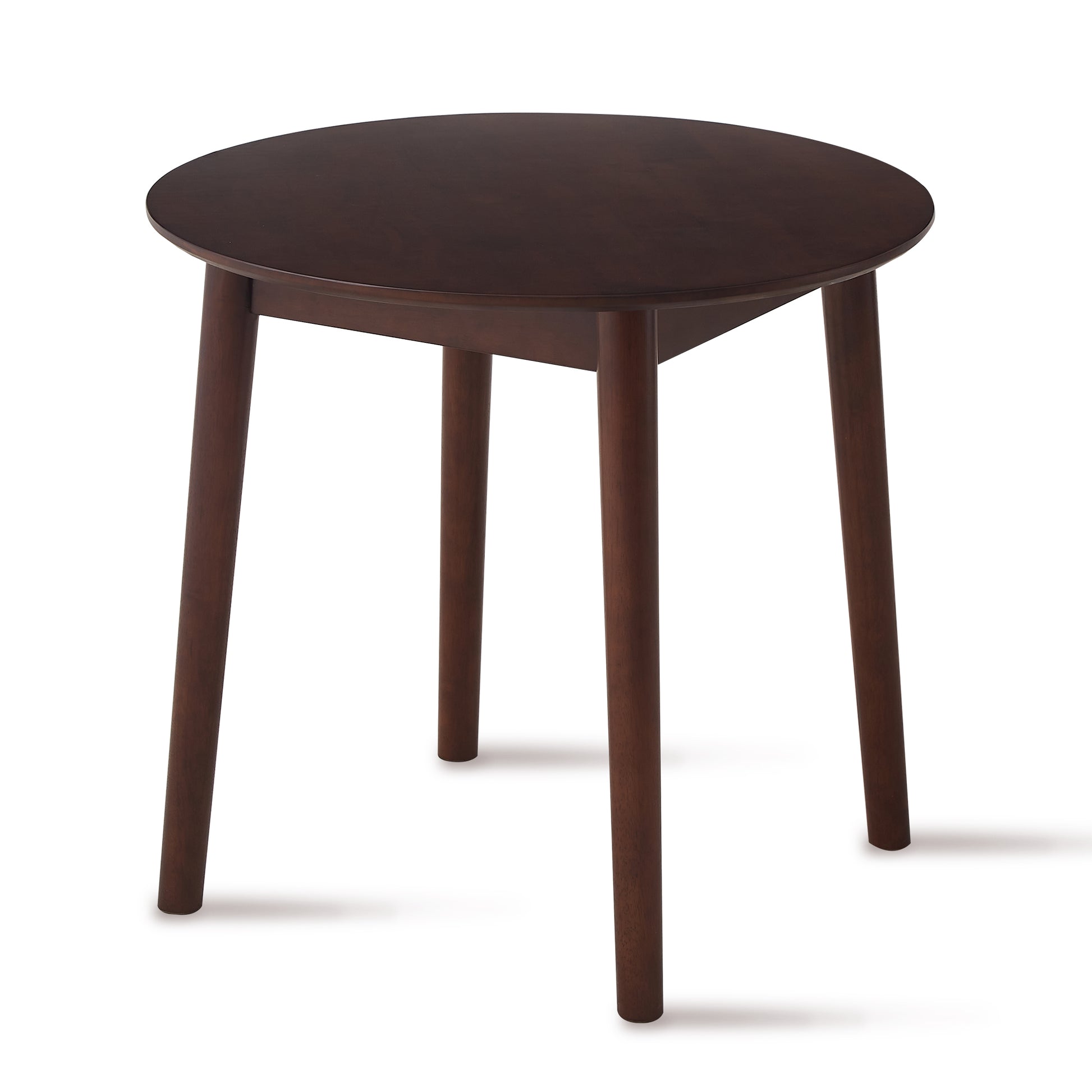 Dark brown round wooden coffee table with tapered legs