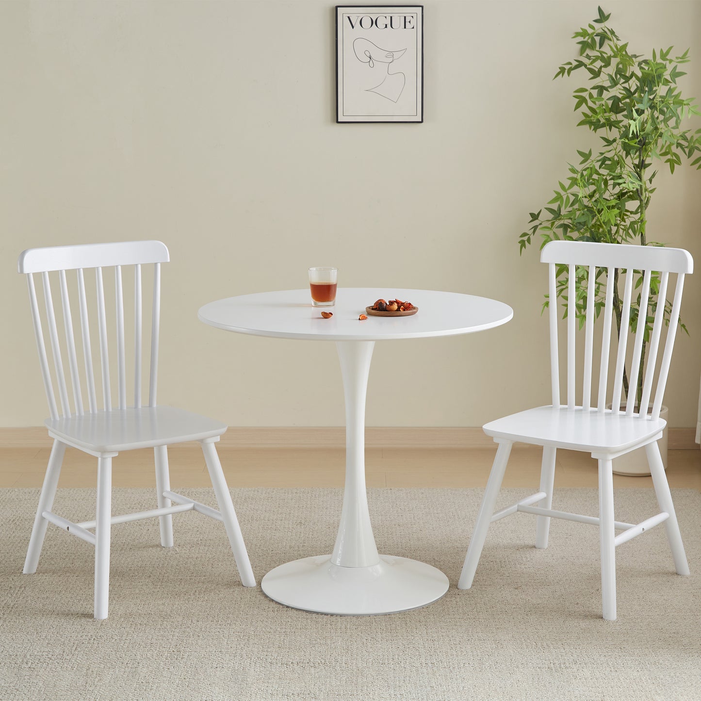 White spindle back dining chair with solid wood construction