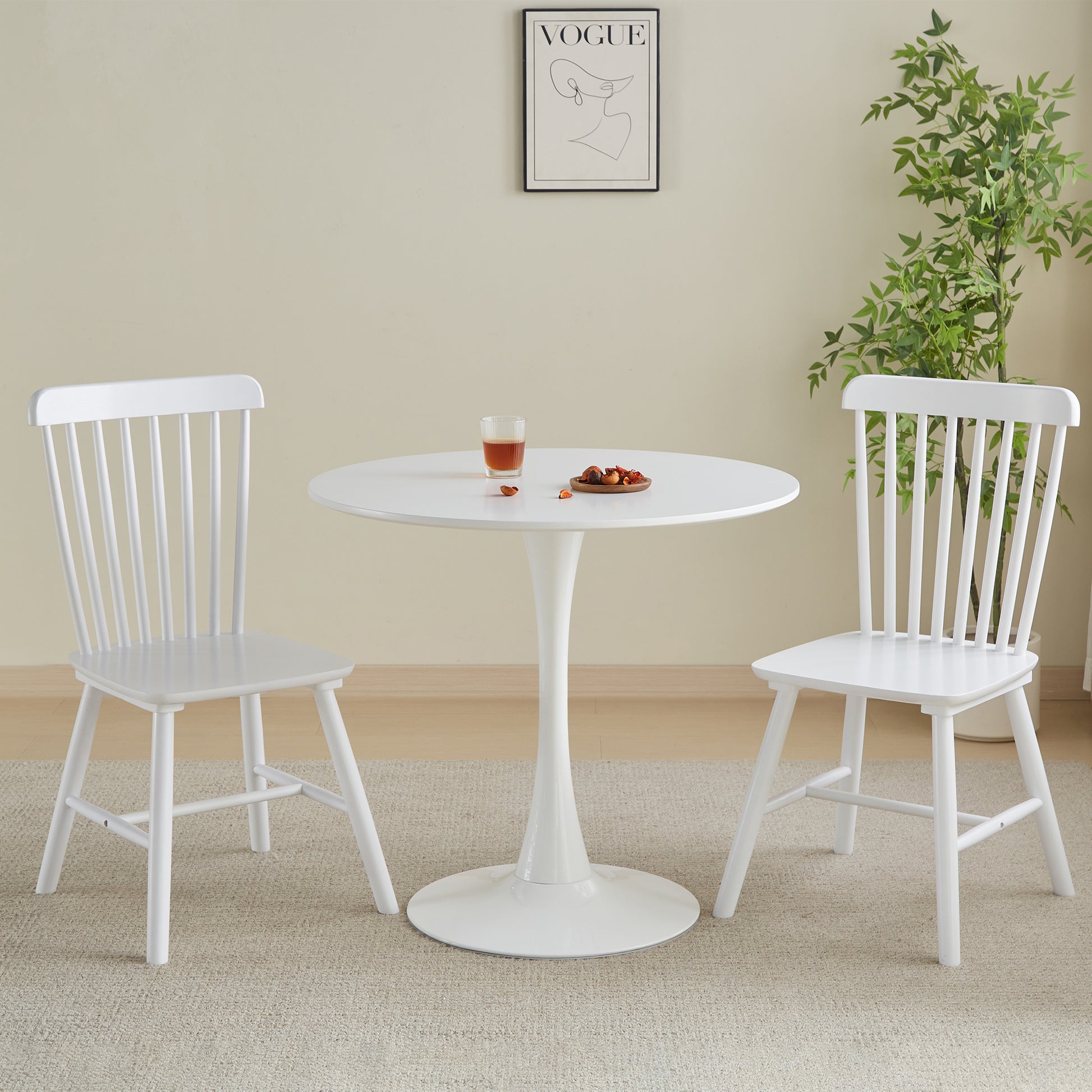White spindle back dining chair with solid wood construction