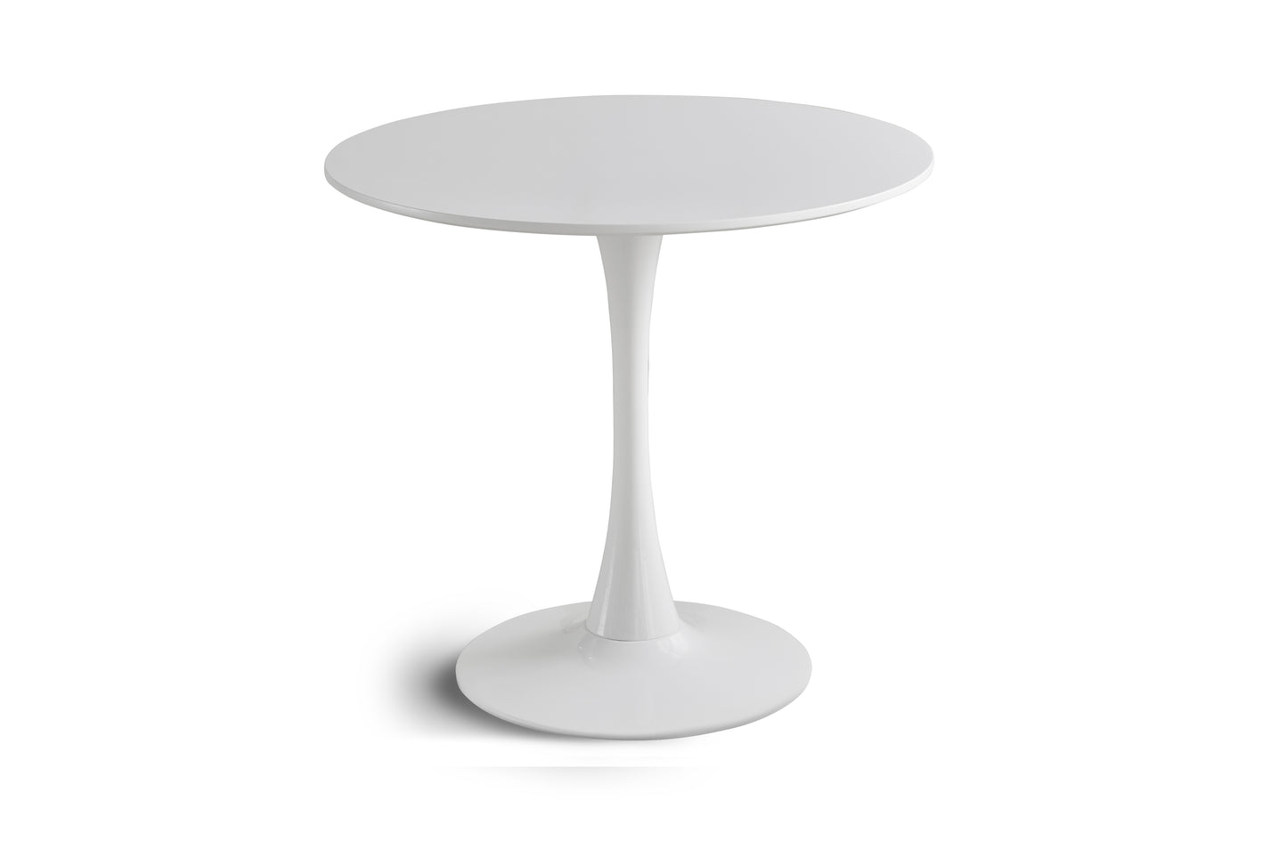White modern pedestal table with a round top and a curved stem base