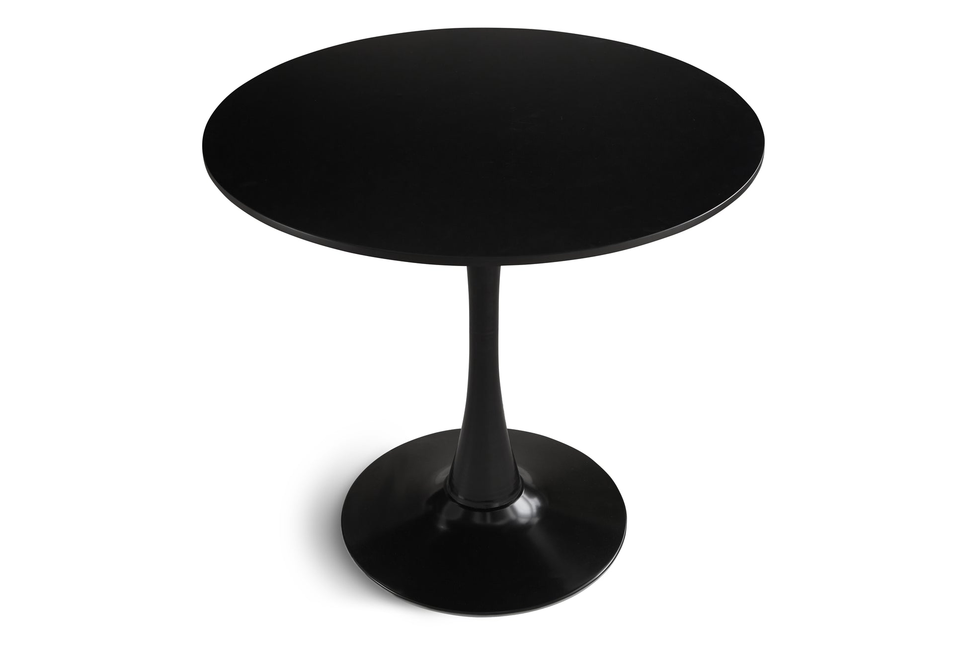 Black modern accent table with a round top and flared pedestal base
