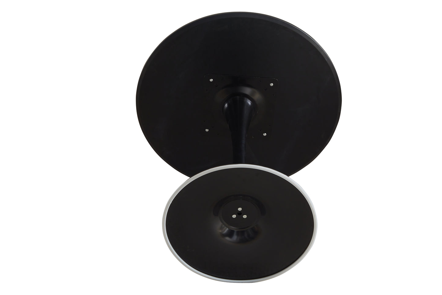 Black round table top and base with metal trim modern design