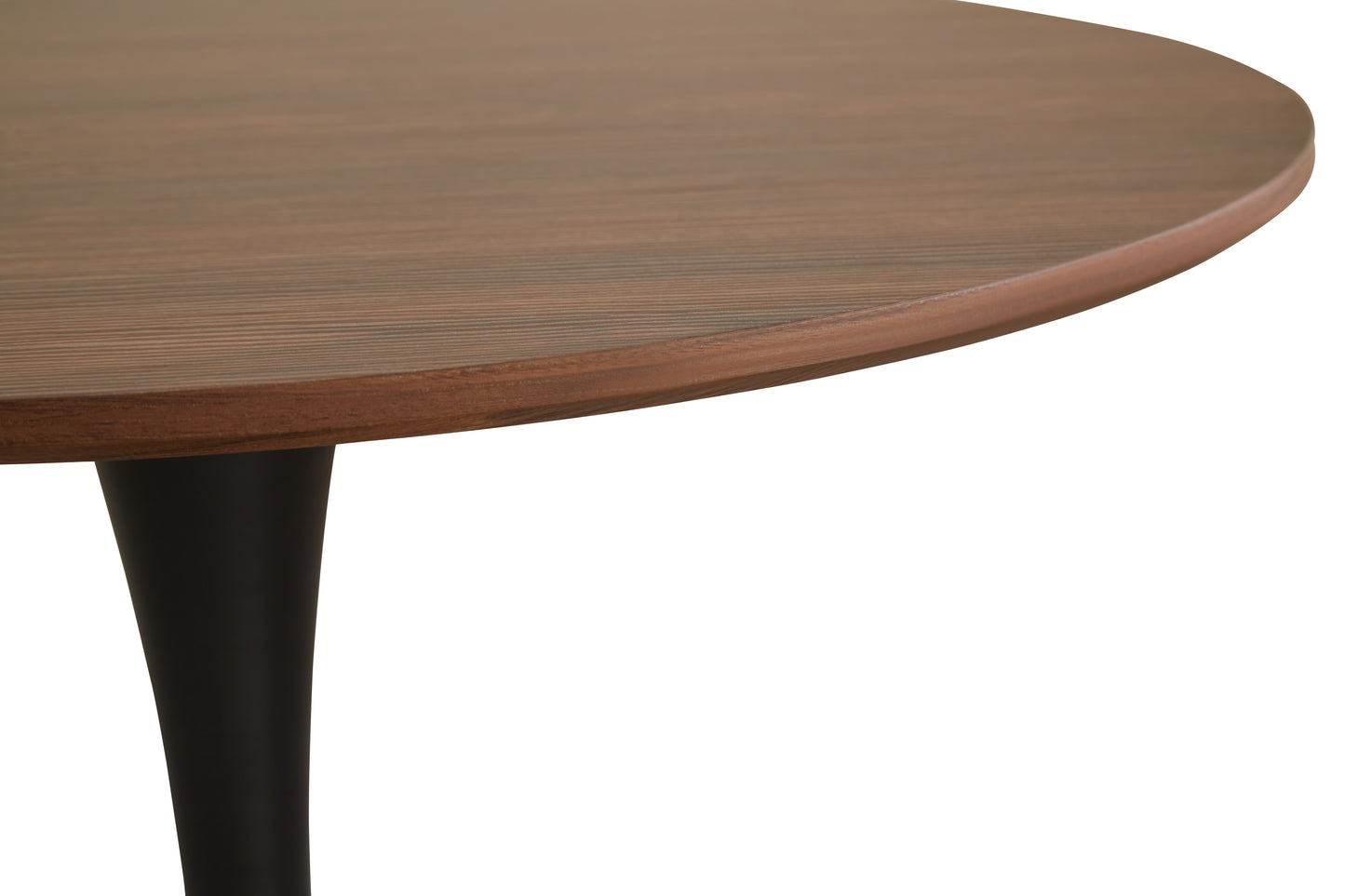 Round walnut wood dining table with ribbed texture and black tapered leg