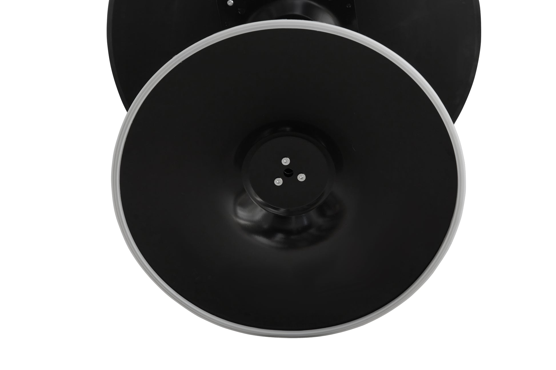 Black metal exercise weight plate with silver rim detail