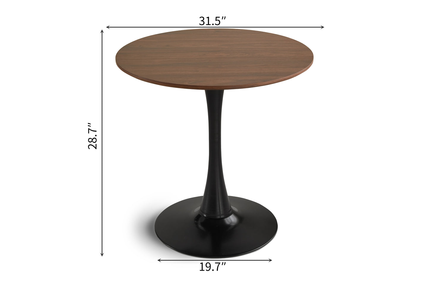 Modern round side table with walnut wood top and black tulip base