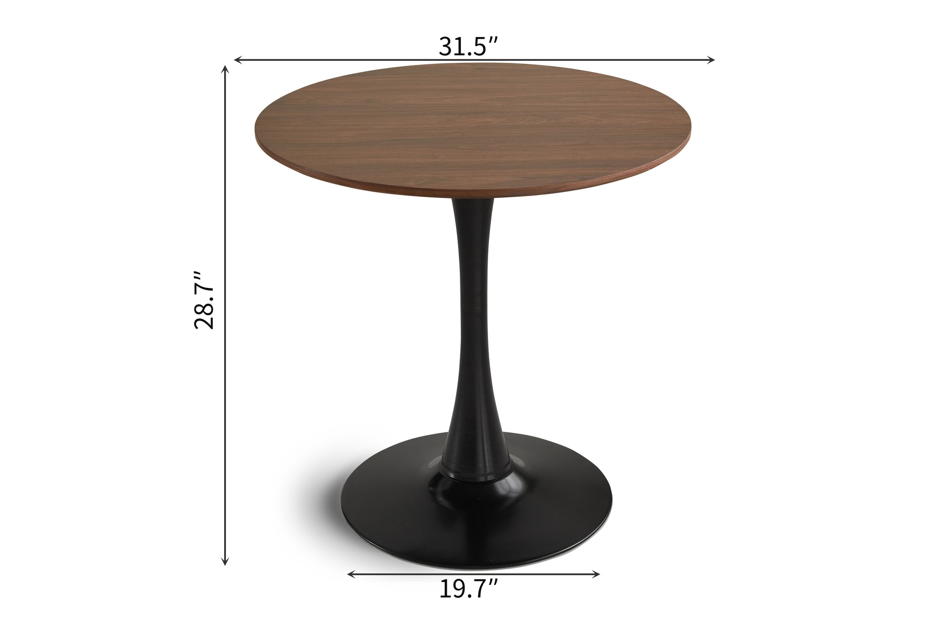 Modern round side table with walnut wood top and black tulip base