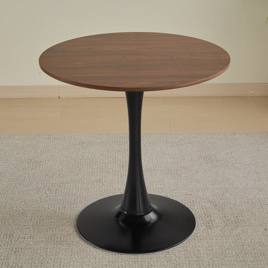Round woodlook coffee table with black pedestal base and carpet
