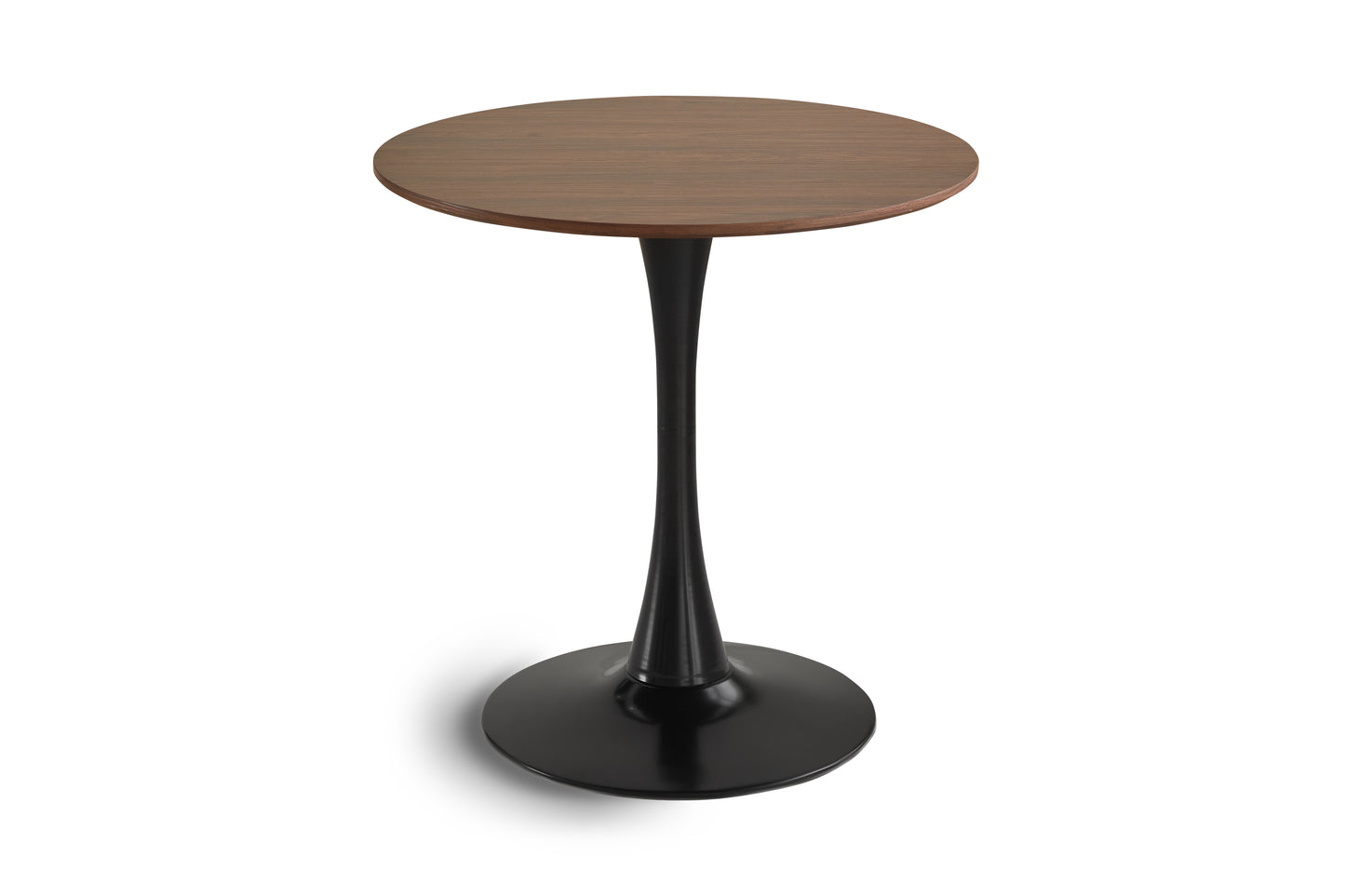 Round walnut veneer accent table with black pedestal base and black saucer base