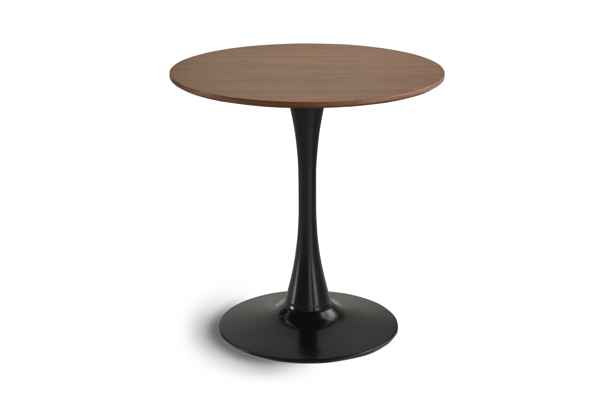Round walnut veneer accent table with black pedestal base and black saucer base