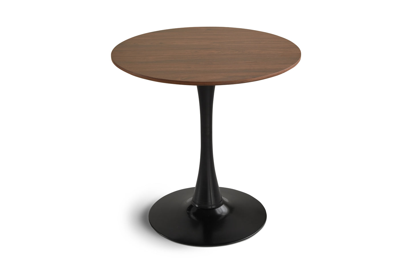 Round walnut top side table with black pedestal base