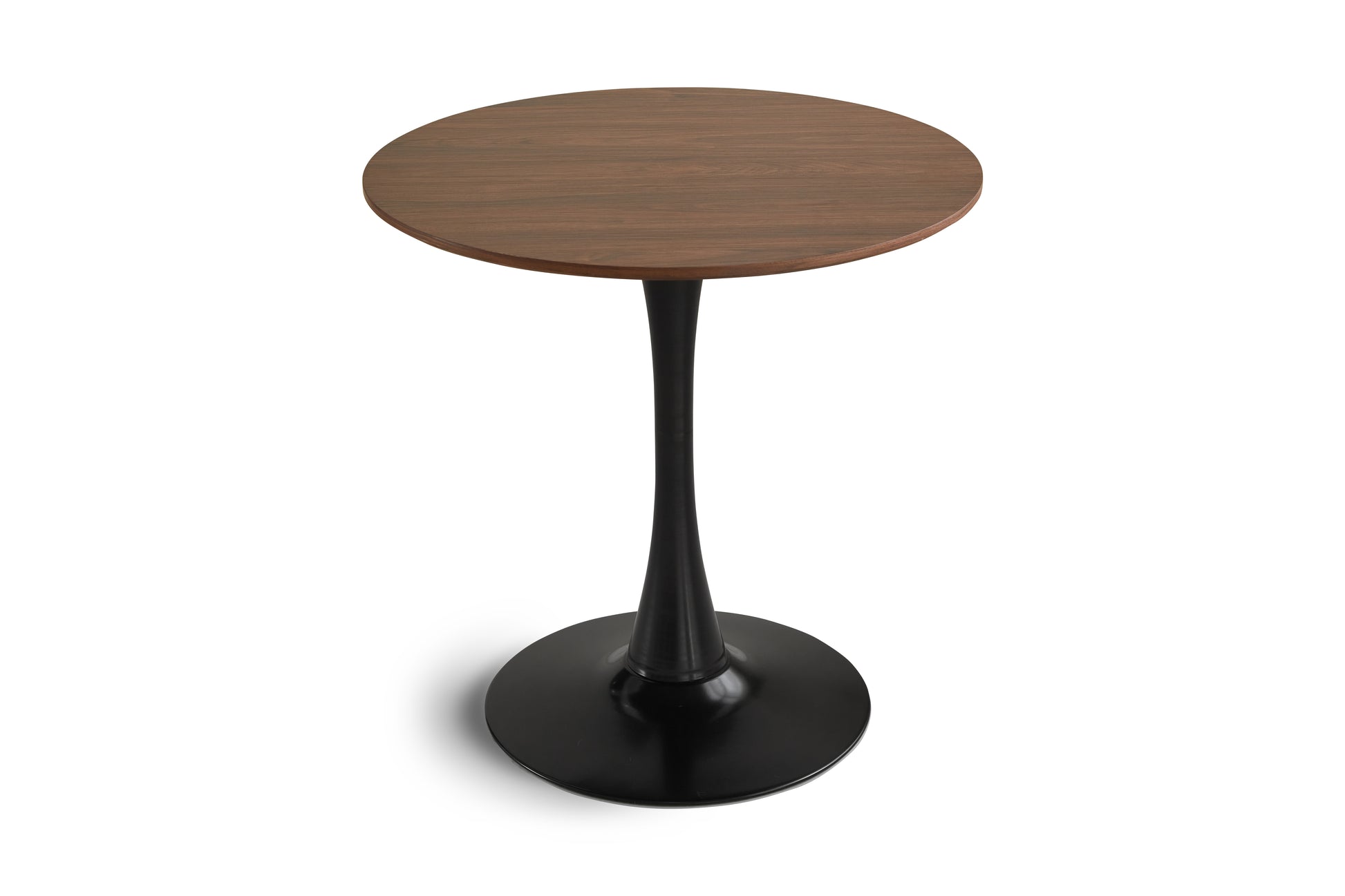 Round walnut top side table with black pedestal base