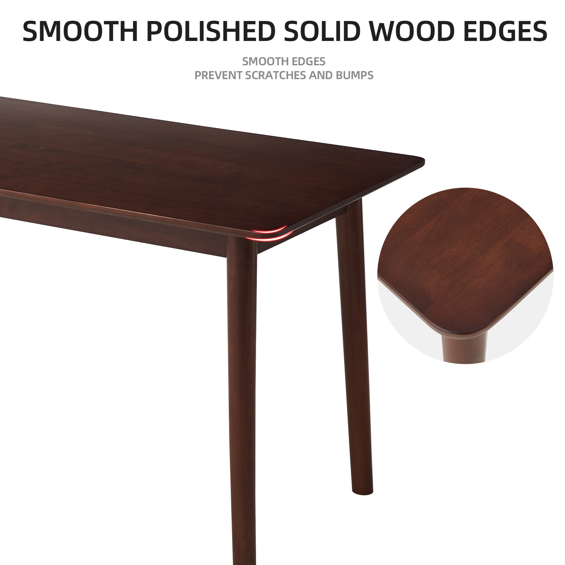 Dark walnut wood dining table with smooth rounded edges and tapered legs