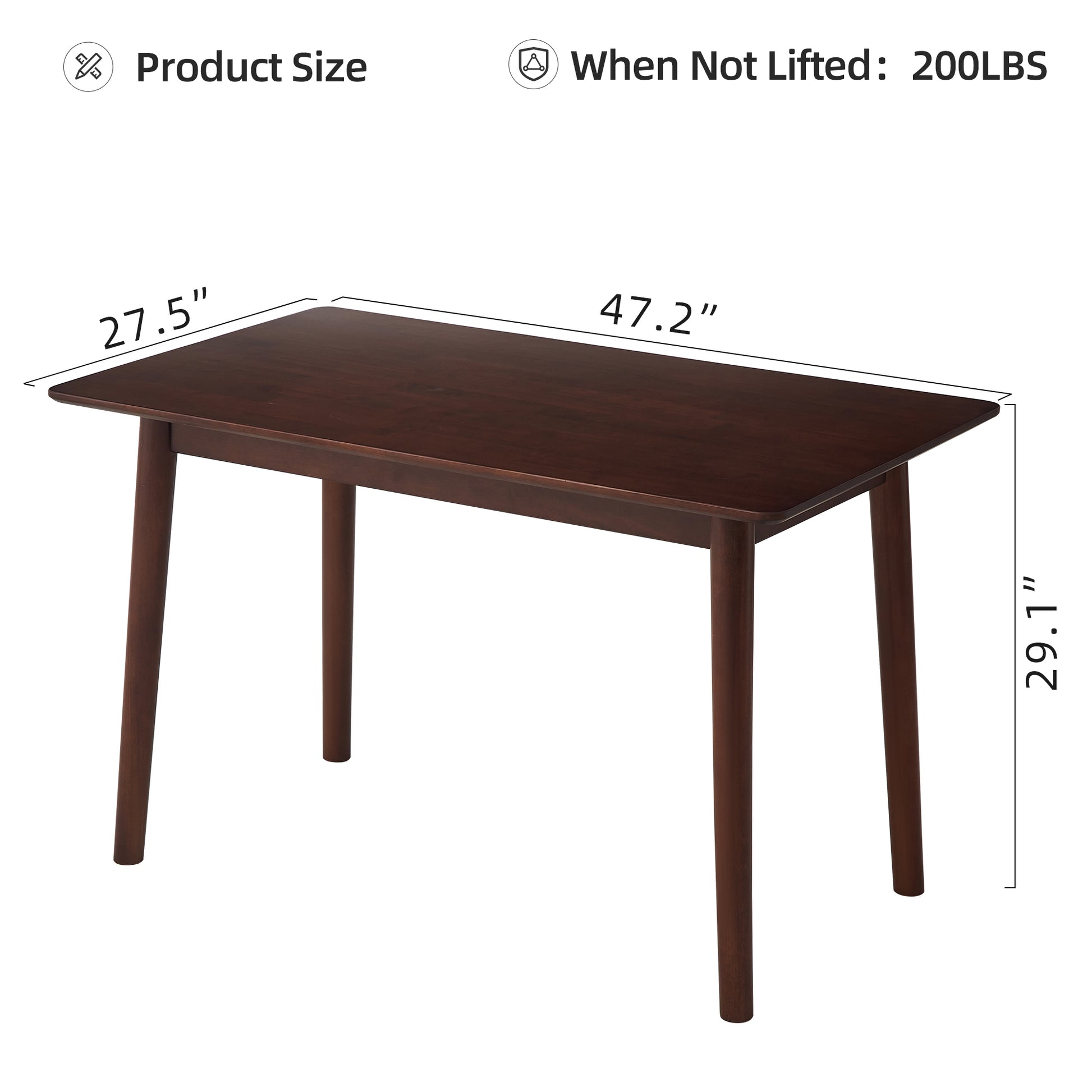 Dark brown rectangular dining table with tapered legs and rounded corners