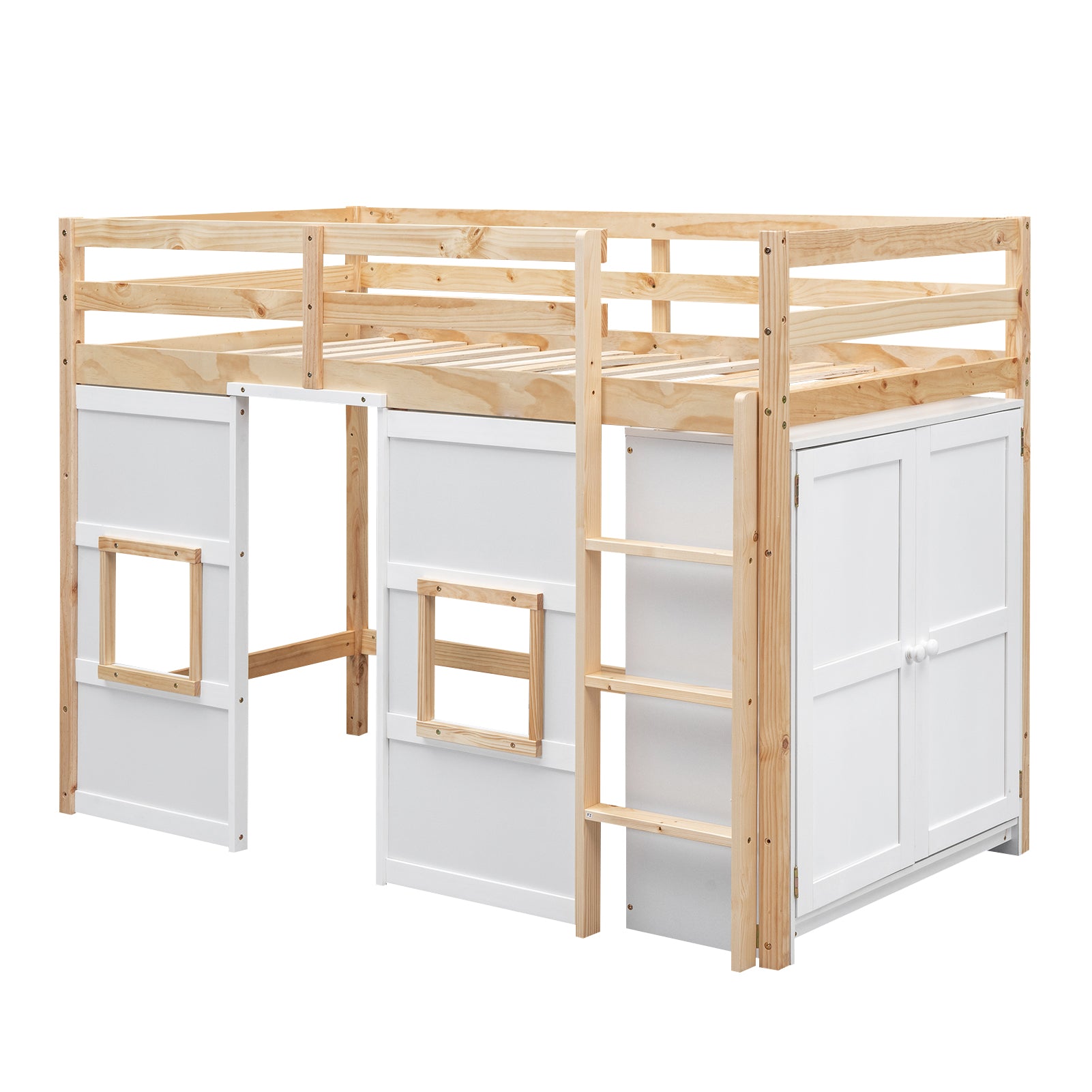 Pine wood loft bed with white cabinet and ladder