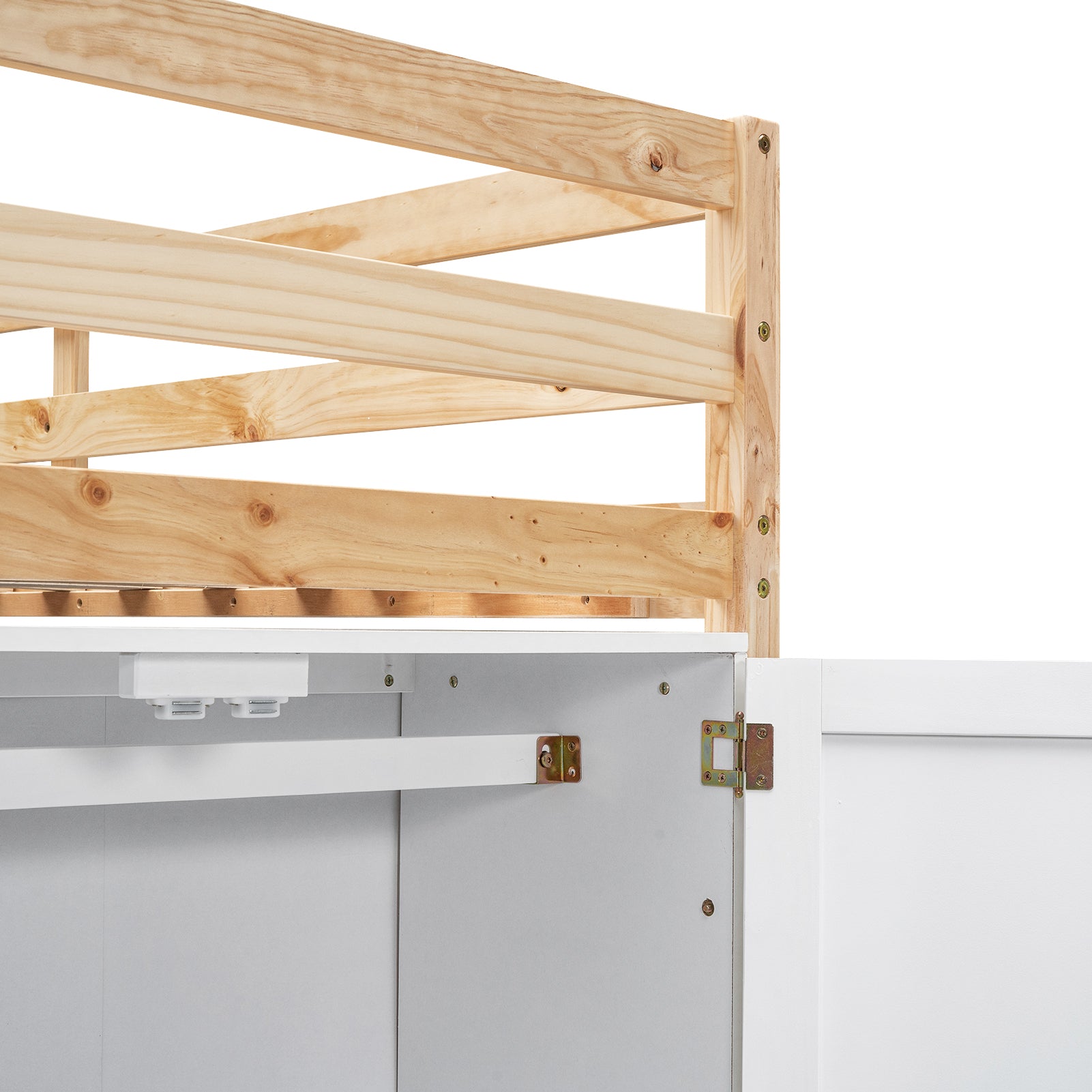 Natural pine wood bunk bed frame with white cabinet detail