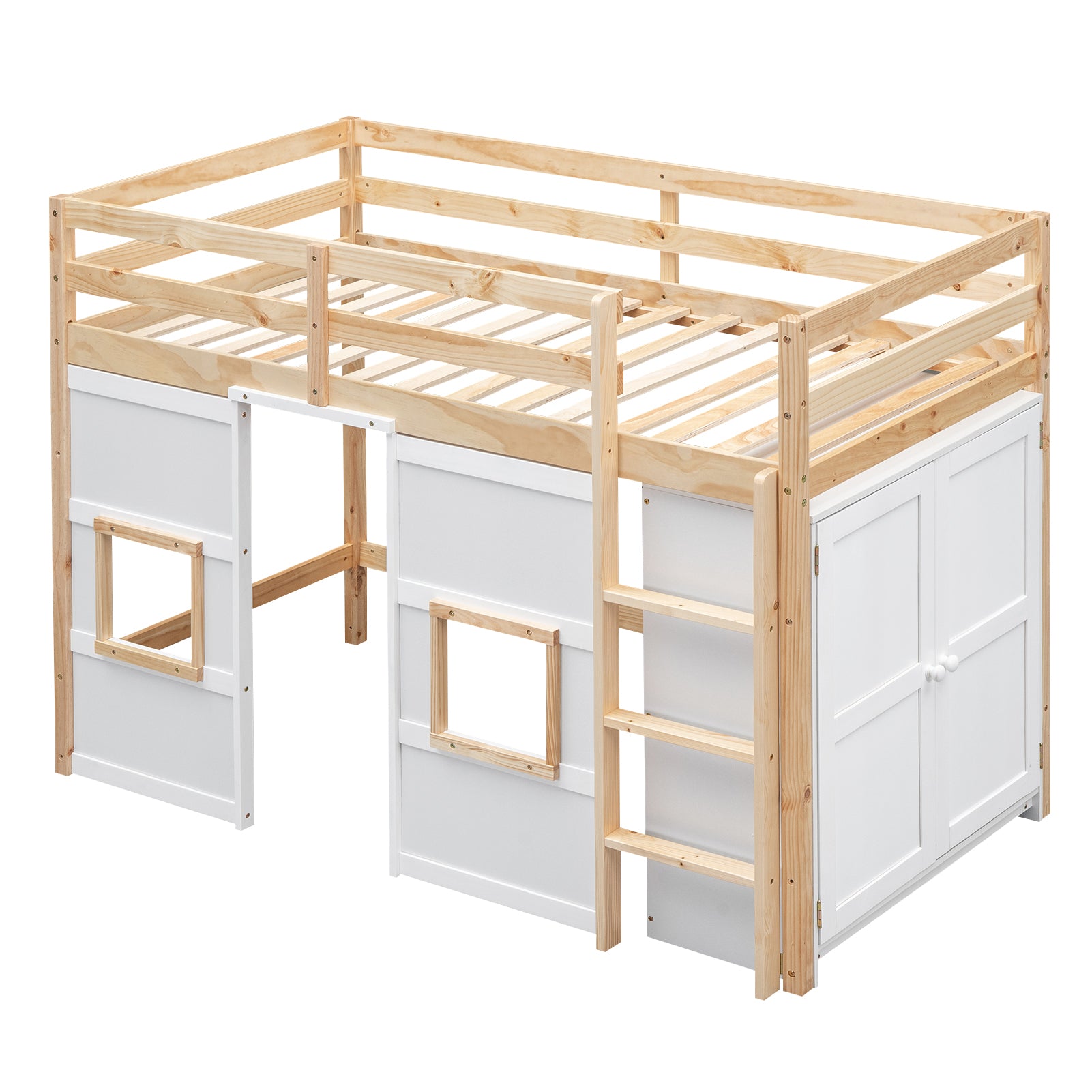 Natural wood and white loft bed with storage and ladder