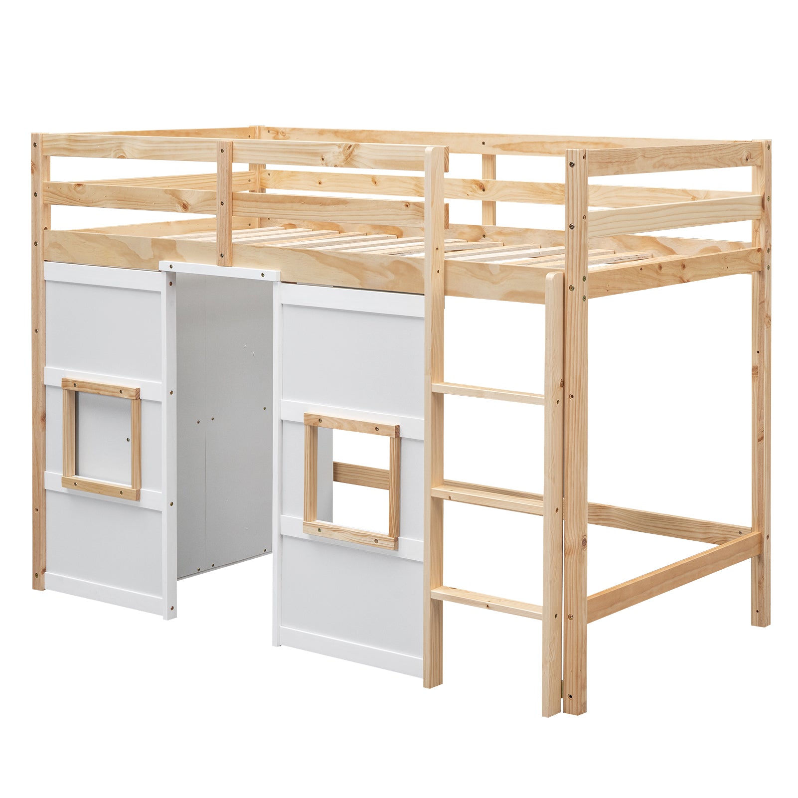 Wooden and white twin loft bed with ladder and playhouse features