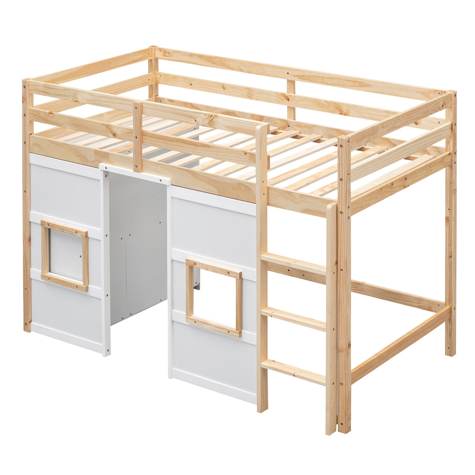 Natural wood loft bed with white paneling and small window cutouts